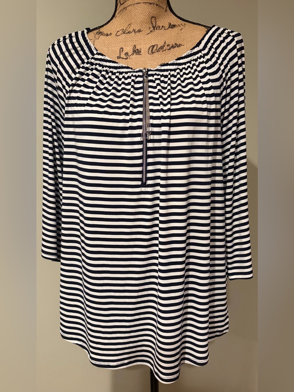 Chico's Nautical Mariner Striped Tunic Top Zip Front Metallic Tassel Size 1/MED